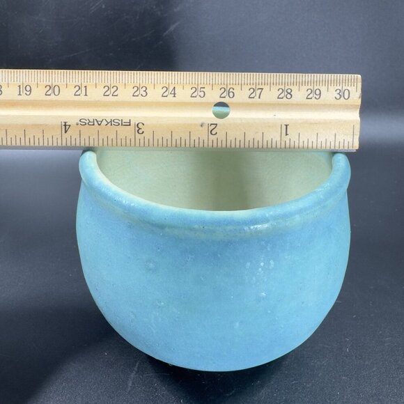 Vintage Turquoise Glaze Pottery Stoneware Dish Bowl Planter Flower Pot Signed - Picture 4 of 12